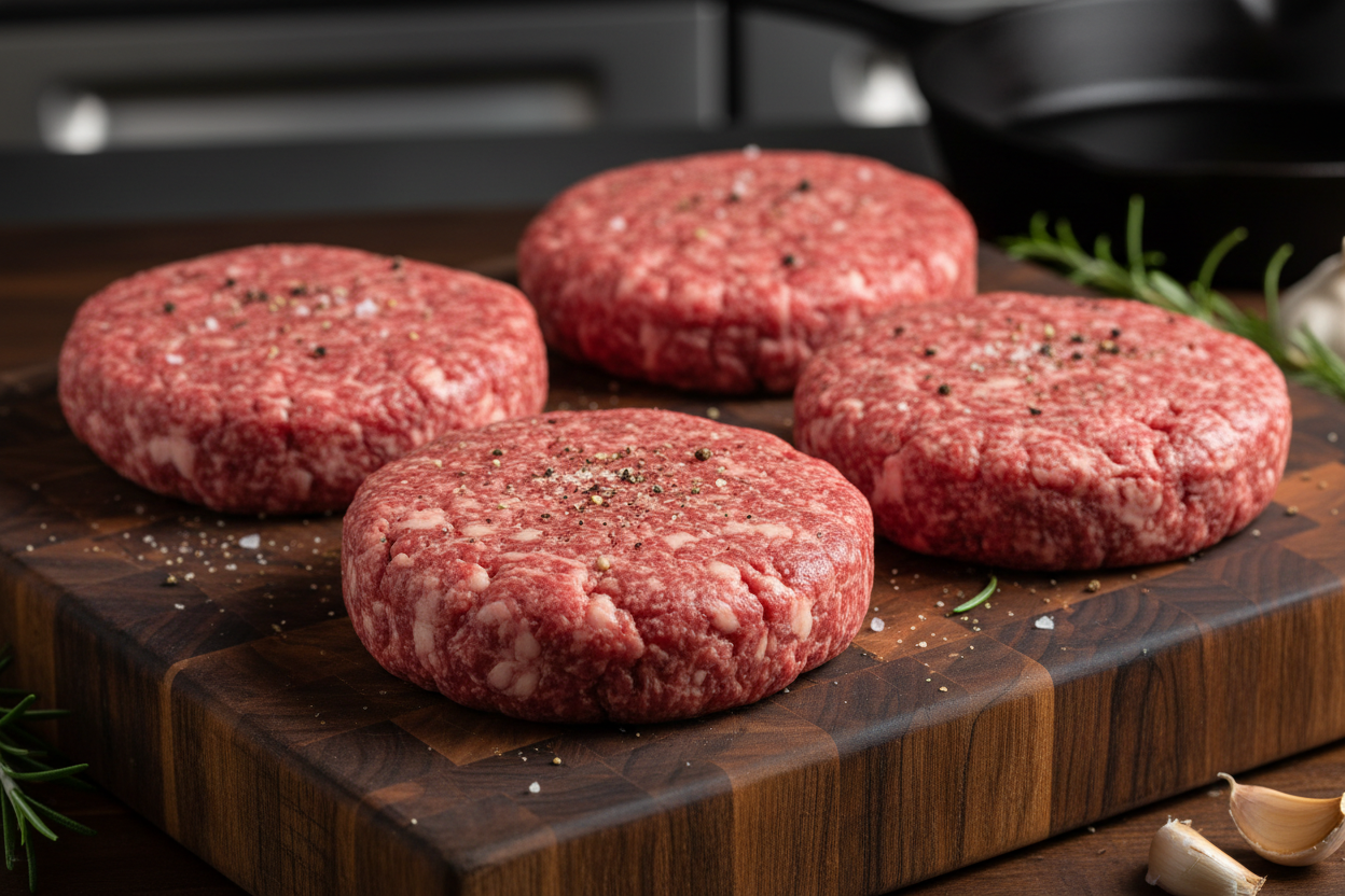 4 american wagyu ground beef patties on a dark wood cutting baord