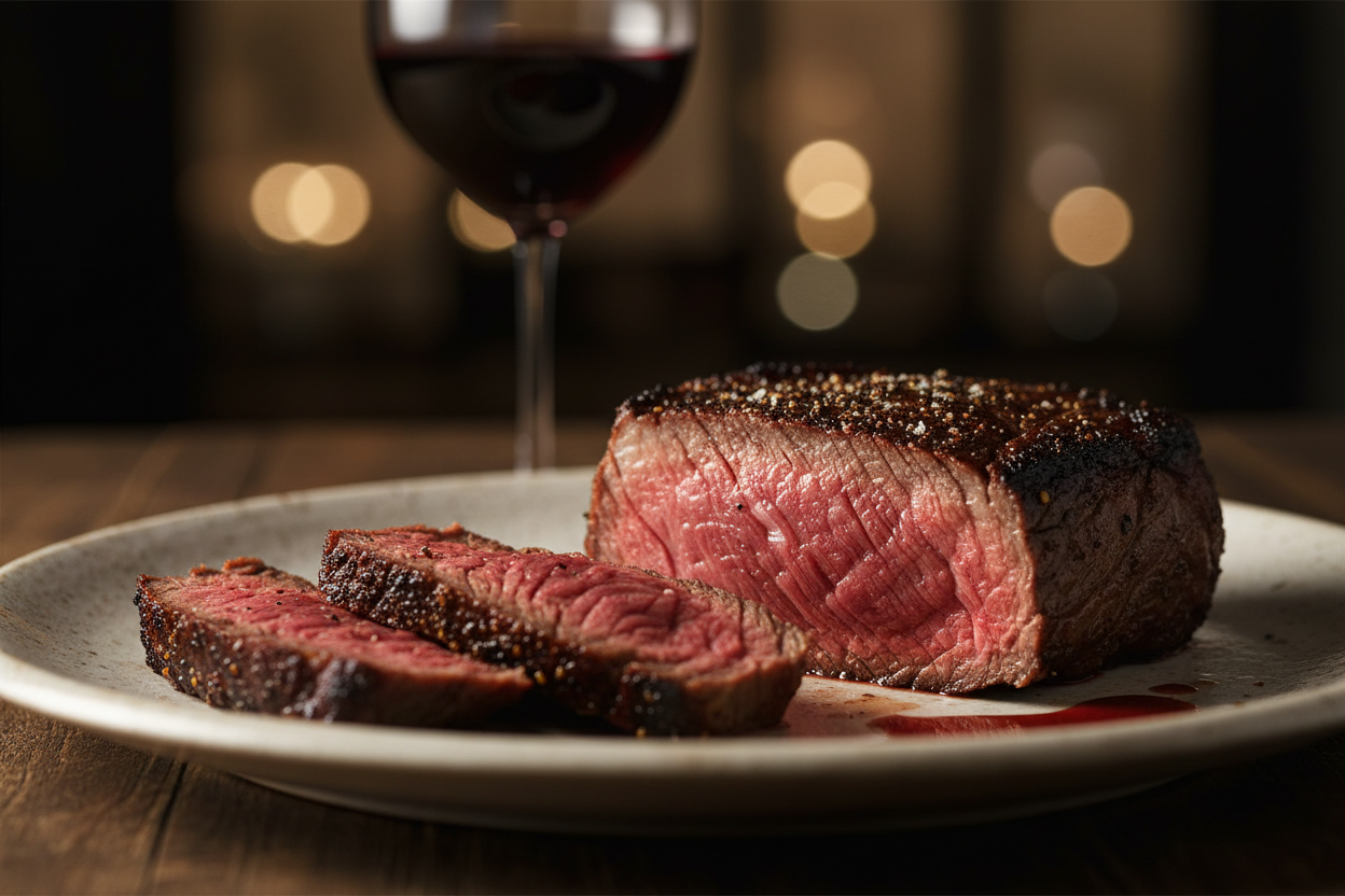 cut the steak and zoom in